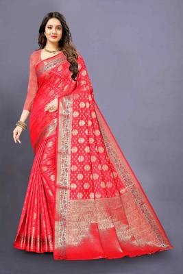 Red woven silk blend saree with blouse 1