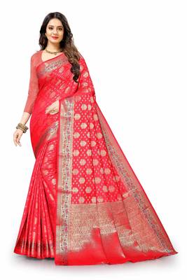 Red woven silk blend saree with blouse 2