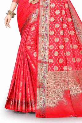 Red woven silk blend saree with blouse 4