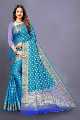 Blue woven silk blend saree with blouse 1