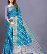 Blue woven silk blend saree with blouse