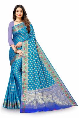 Blue woven silk blend saree with blouse 2