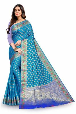 Blue woven silk blend saree with blouse 3