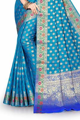 Blue woven silk blend saree with blouse 4