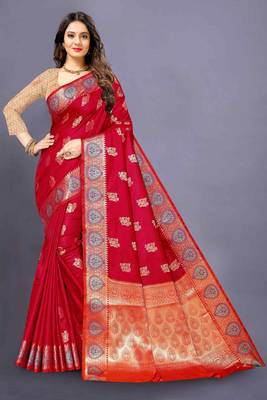 Maroon woven silk blend saree with blouse 1