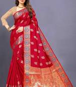 Maroon woven silk blend saree with blouse