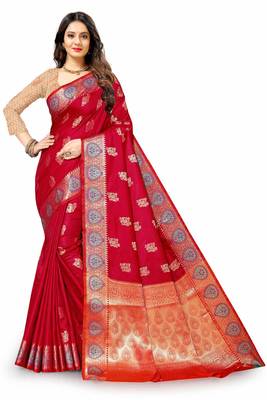 Maroon woven silk blend saree with blouse 2