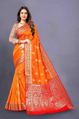 Orange woven silk blend saree with blouse 1