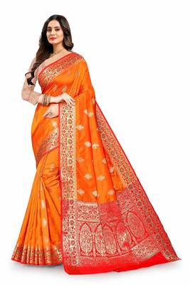 Orange woven silk blend saree with blouse 3