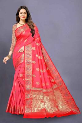 Pink woven silk blend saree with blouse 1