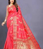 Pink woven silk blend saree with blouse