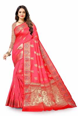 Pink woven silk blend saree with blouse 2