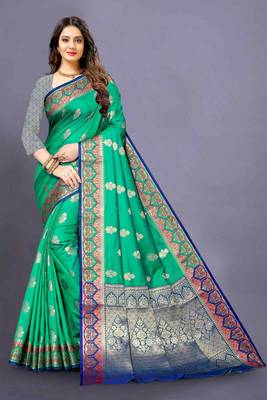 Green woven silk blend saree with blouse 1
