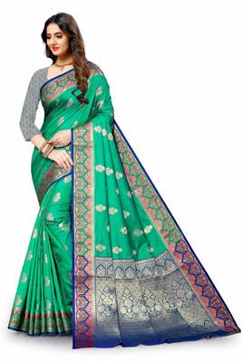 Green woven silk blend saree with blouse 3