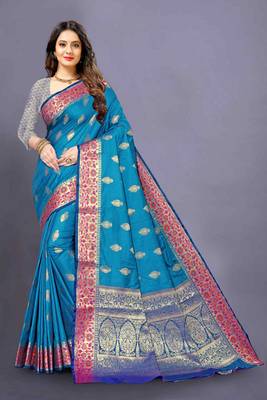 Blue woven silk blend saree with blouse 1