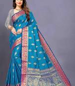 Blue woven silk blend saree with blouse