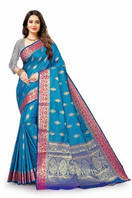 Blue woven silk blend saree with blouse 2