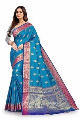 Blue woven silk blend saree with blouse 3