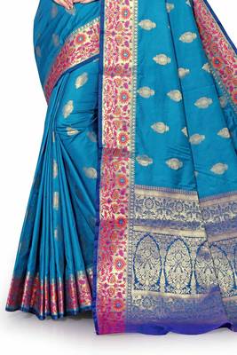 Blue woven silk blend saree with blouse 4