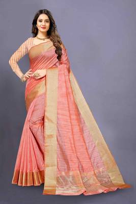 Peach Cotton woven saree with blouse 1