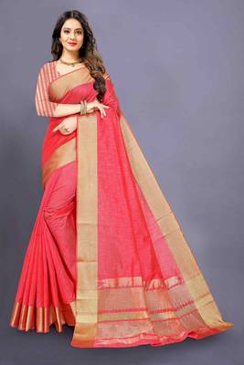 Pink Cotton woven saree with blouse 1