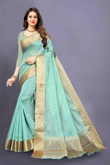 olive Cotton woven saree with blouse