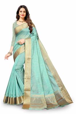 olive Cotton woven saree with blouse 2