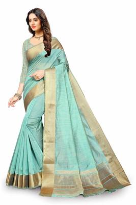 olive Cotton woven saree with blouse 3
