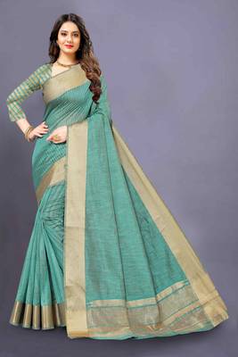 Green Cotton woven saree with blouse 1