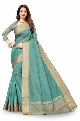 Green Cotton woven saree with blouse 2