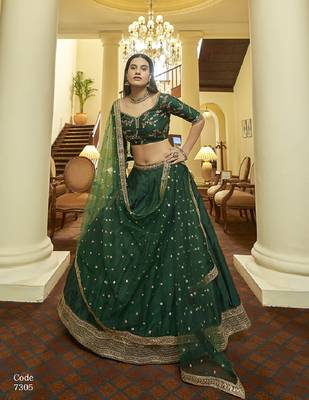 Green thread art silk semi stitched lehenga 2