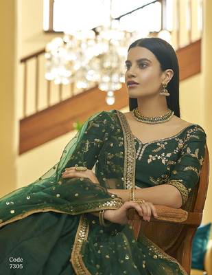 Green thread art silk semi stitched lehenga 4