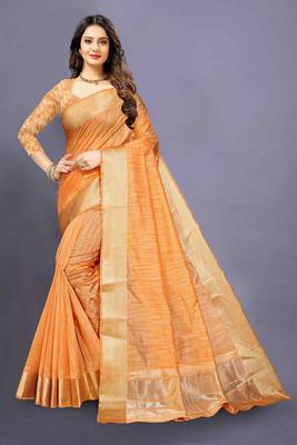 Orange Cotton woven saree with blouse 1