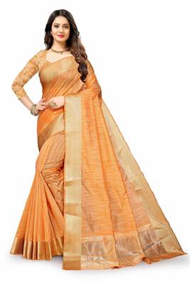Orange Cotton woven saree with blouse 2