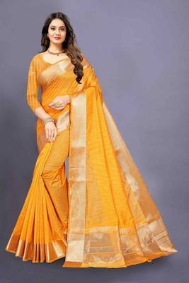Yellow Cotton woven saree with blouse 1