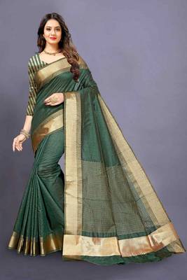 Green Cotton woven saree with blouse 1