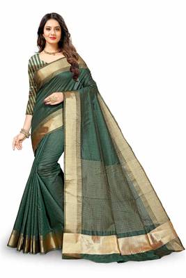Green Cotton woven saree with blouse 2