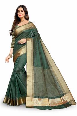 Green Cotton woven saree with blouse 3