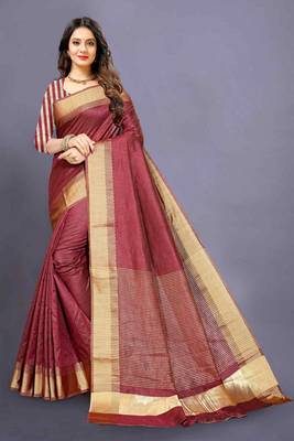 Maroon Cotton woven saree with blouse 1