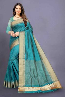 Green Cotton woven saree with blouse 1