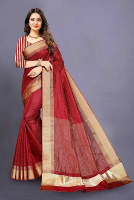 Red Cotton woven saree with blouse 1