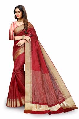Red Cotton woven saree with blouse 3
