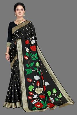 Black woven silk blend saree with blouse 1