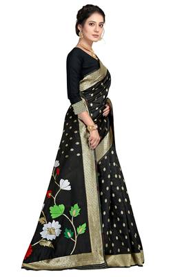 Black woven silk blend saree with blouse 4