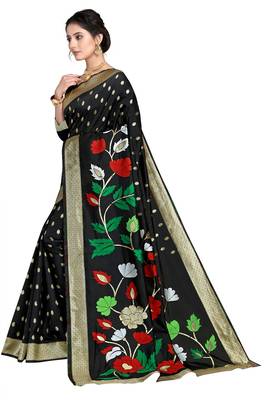 Black woven silk blend saree with blouse 5