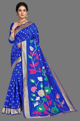 Blue woven silk blend saree with blouse 1