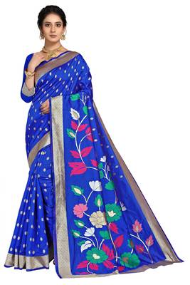 Blue woven silk blend saree with blouse 2