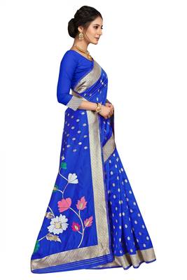 Blue woven silk blend saree with blouse 4