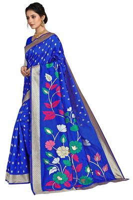 Blue woven silk blend saree with blouse 5