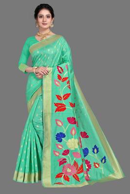 Green woven silk blend saree with blouse 1